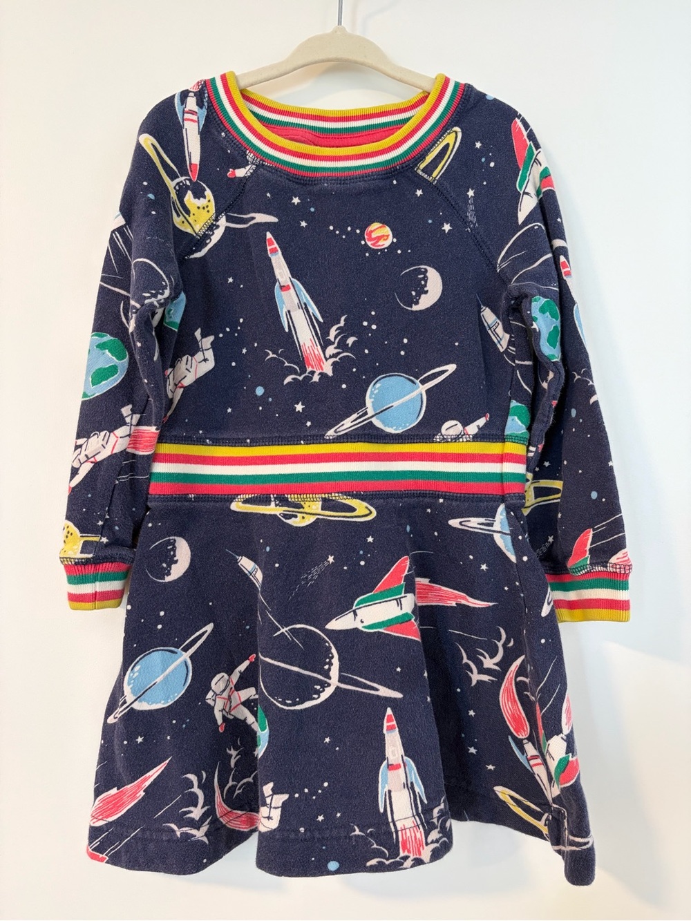 Mini Boden Navy Space Rocket Dress with Multi-Color Stripe Trim